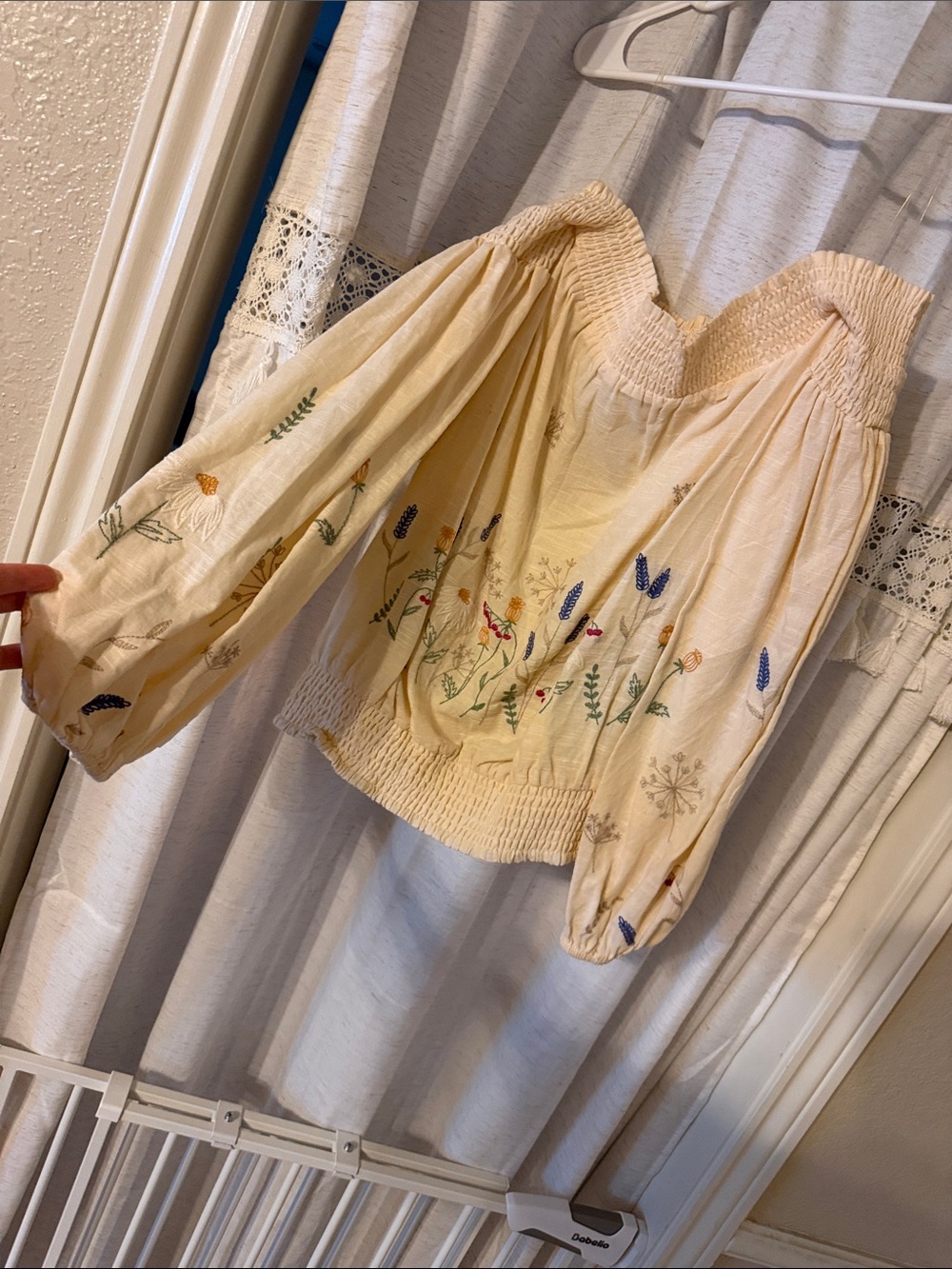 Rock & Roll Cowgirl Cream Off-Shoulder Embroidered Peasant Top
